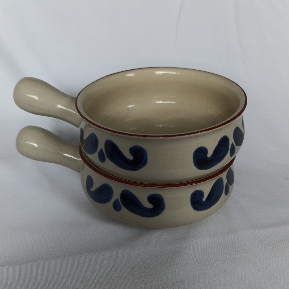 Pair of Handcrafted Ceramic Soup Bowls with Blue Design - Picture 4 of 10